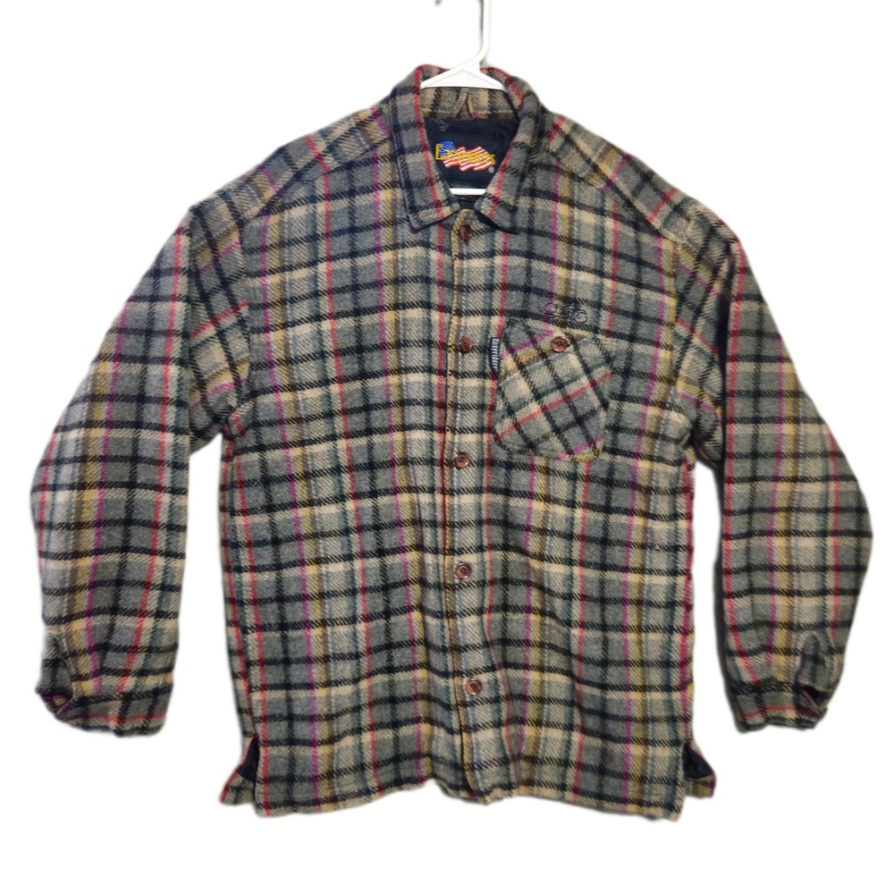 Vintage Easyriders Shirt Jacket Mens L Grey Plaid Wool Blend Quilted Lined Biker